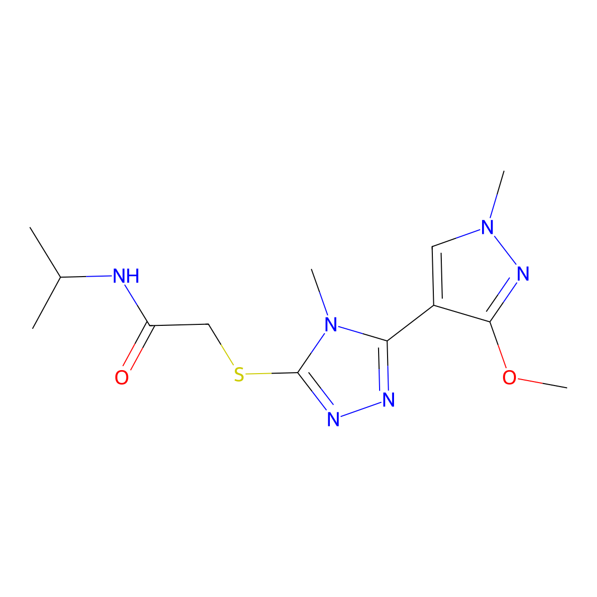 N-isopropyl-2-((5-(3-methoxy-1-methyl-1H-pyrazol-4-yl)-4-methyl-4H-1,2,4-triazol-3-yl)thio)acetamide molecular structure, CAS 1014092-07-9