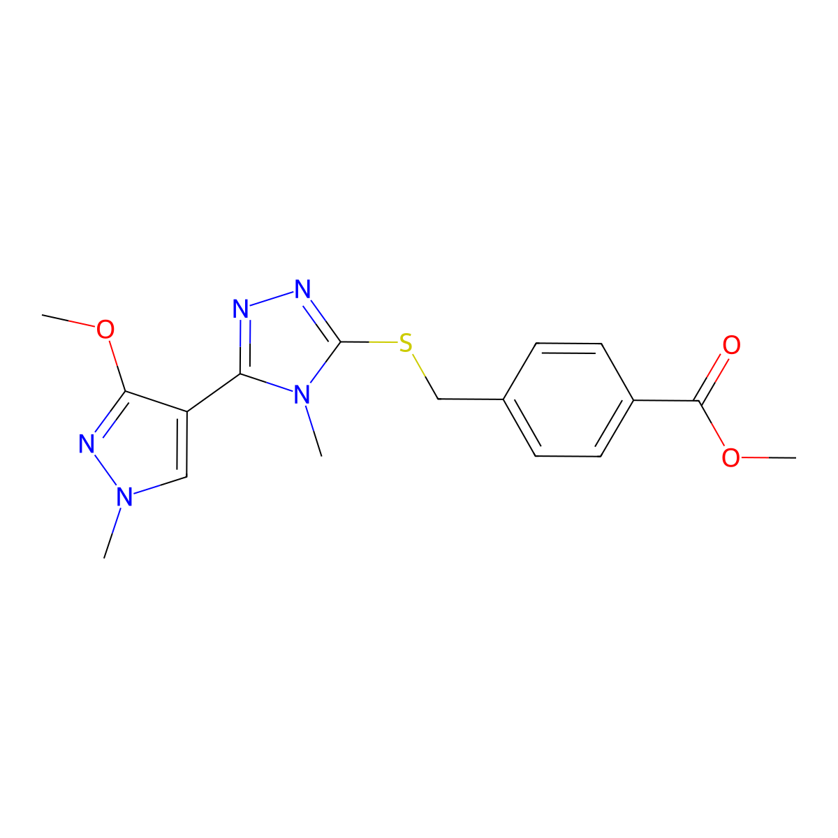 methyl 4-(((5-(3-methoxy-1-methyl-1H-pyrazol-4-yl)-4-methyl-4H-1,2,4-triazol-3-yl)thio)methyl)benzoate molecular structure, CAS 1014092-09-1