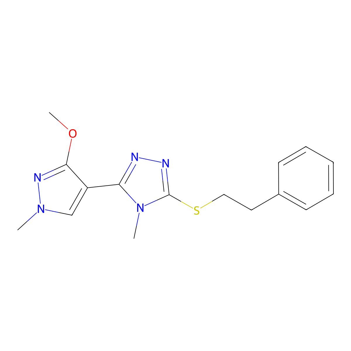 3-(3-methoxy-1-methyl-1H-pyrazol-4-yl)-4-methyl-5-(phenethylthio)-4H-1,2,4-triazole molecular structure, CAS 1014092-15-9