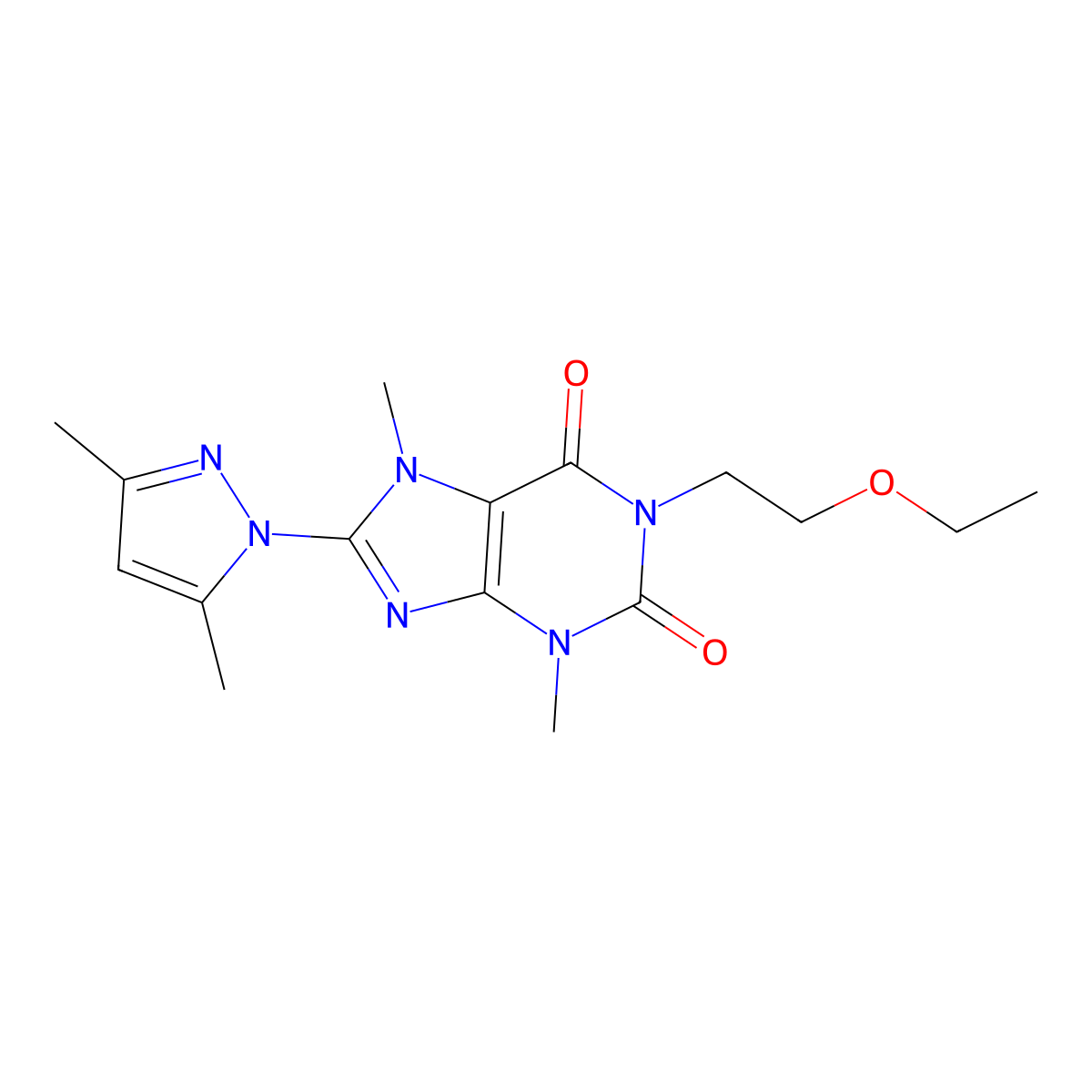 8-(3,5-dimethyl-1H-pyrazol-1-yl)-1-(2-ethoxyethyl)-3,7-dimethyl-1H-purine-2,6(3H,7H)-dione molecular structure, CAS 1014092-17-1