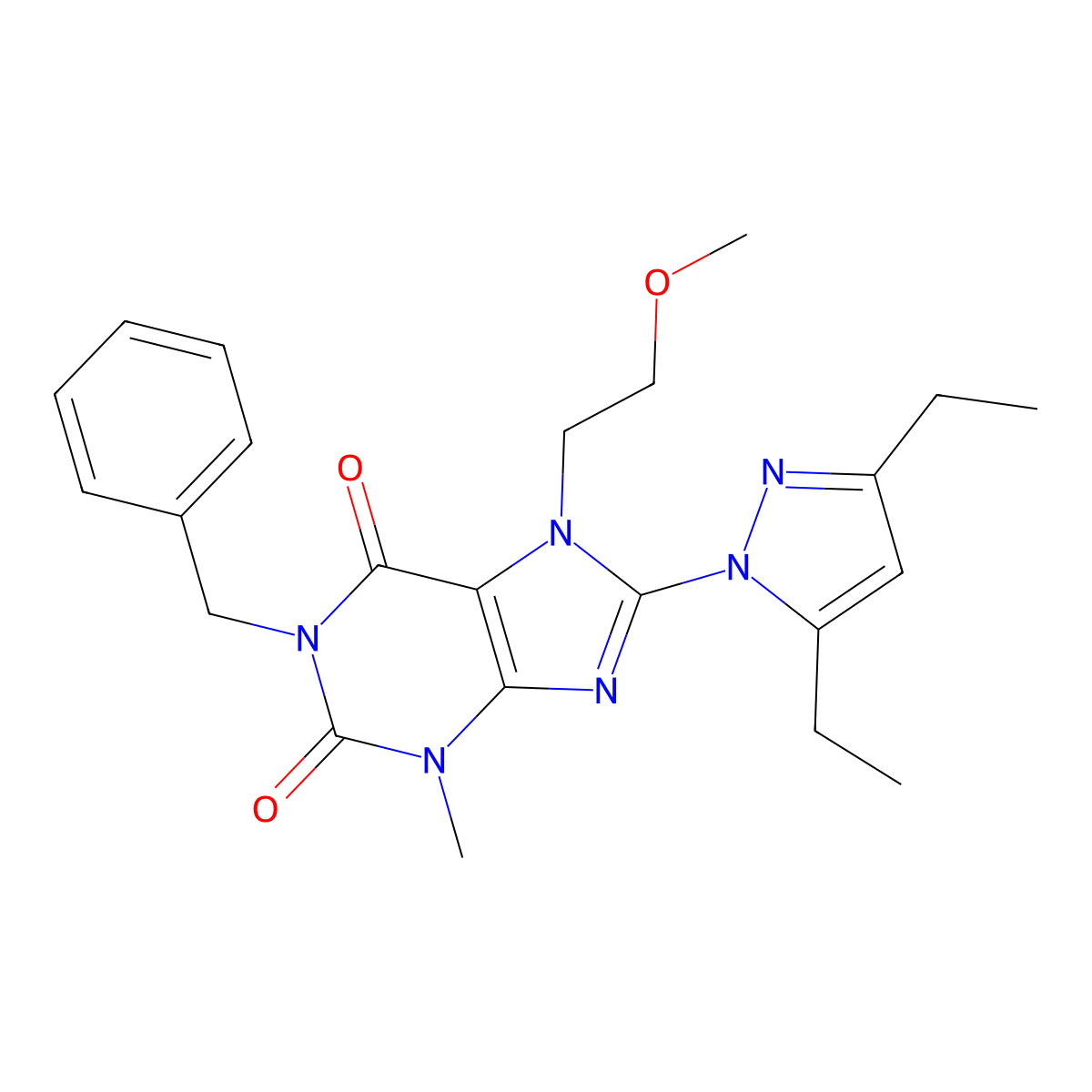 1-benzyl-8-(3,5-diethyl-1H-pyrazol-1-yl)-7-(2-methoxyethyl)-3-methyl-1H-purine-2,6(3H,7H)-dione molecular structure, CAS 1014092-23-9