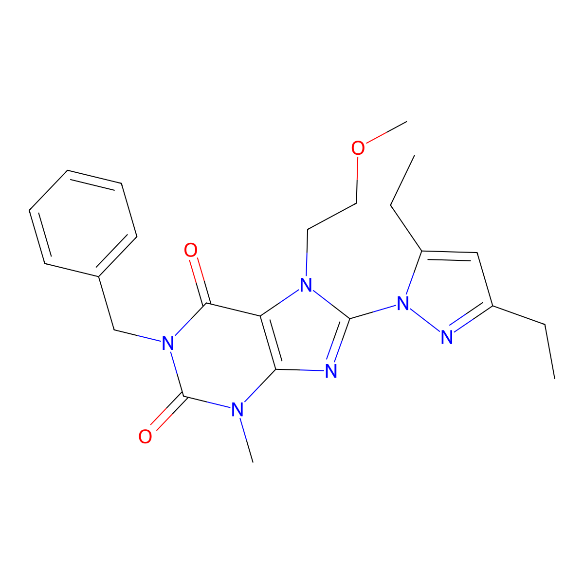 1-benzyl-8-(3,5-diethyl-1H-pyrazol-1-yl)-7-(2-methoxyethyl)-3-methyl-1H-purine-2,6(3H,7H)-dione molecular structure, CAS 1014092-23-9