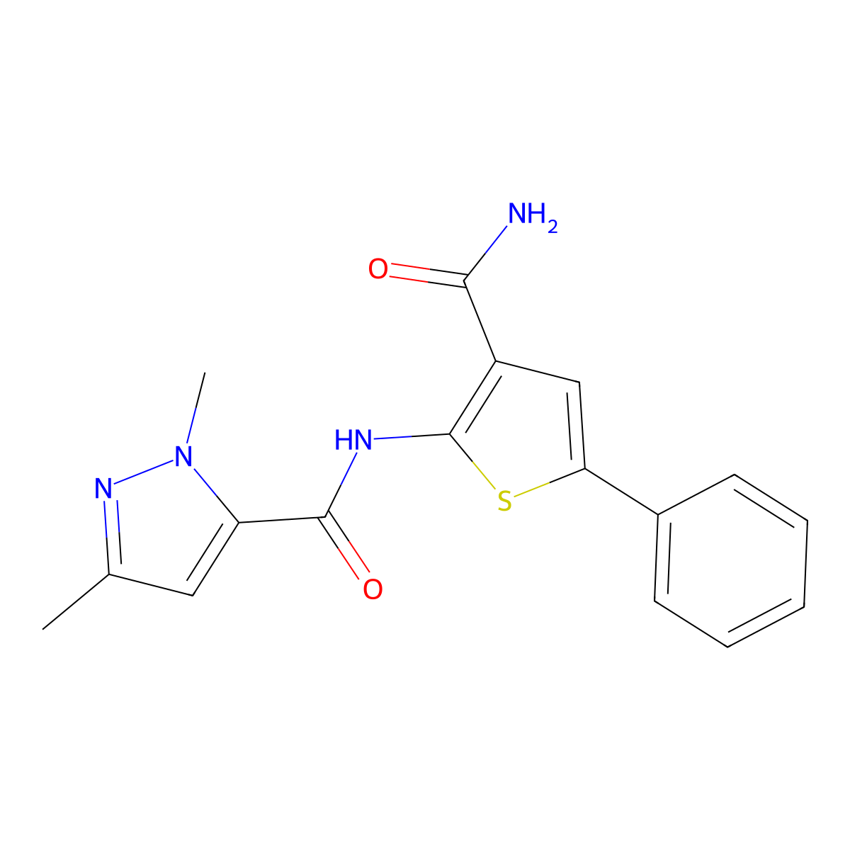 N-(3-carbamoyl-5-phenylthiophen-2-yl)-1,3-dimethyl-1H-pyrazole-5-carboxamide molecular structure, CAS 1014092-27-3