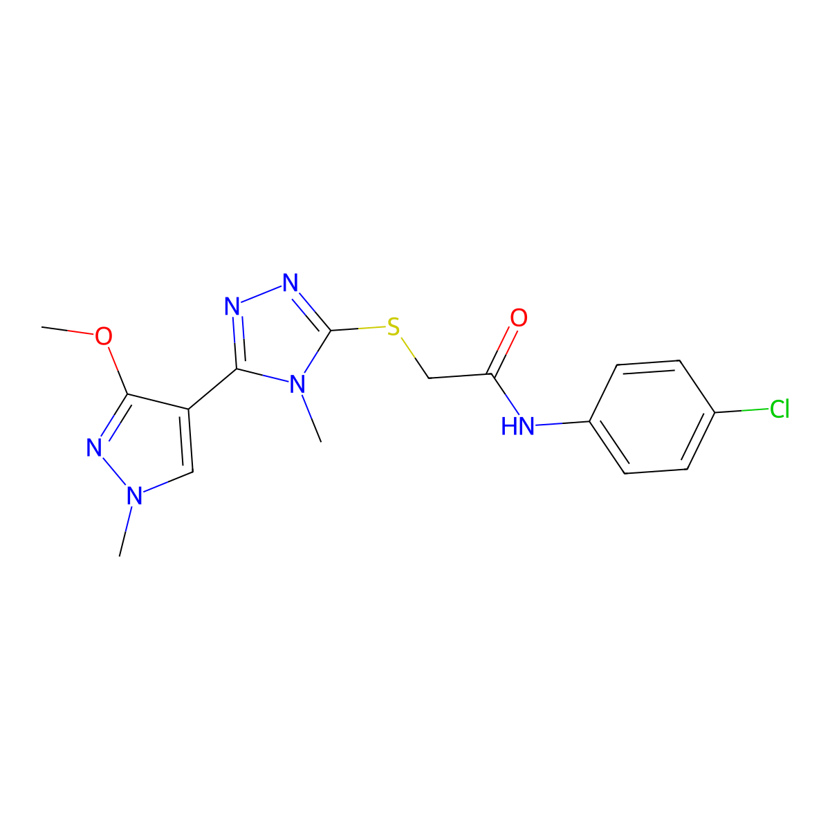 N-(4-chlorophenyl)-2-((5-(3-methoxy-1-methyl-1H-pyrazol-4-yl)-4-methyl-4H-1,2,4-triazol-3-yl)thio)acetamide molecular structure, CAS 1014092-30-8