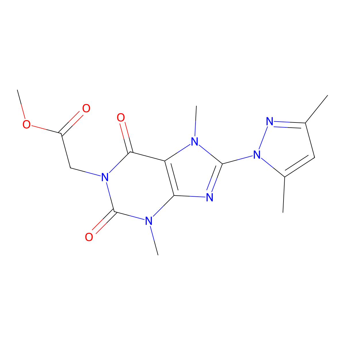 methyl [8-(3,5-dimethyl-1H-pyrazol-1-yl)-3,7-dimethyl-2,6-dioxo-2,3,6,7-tetrahydro-1H-purin-1-yl]acetate molecular structure, CAS 1014092-42-2