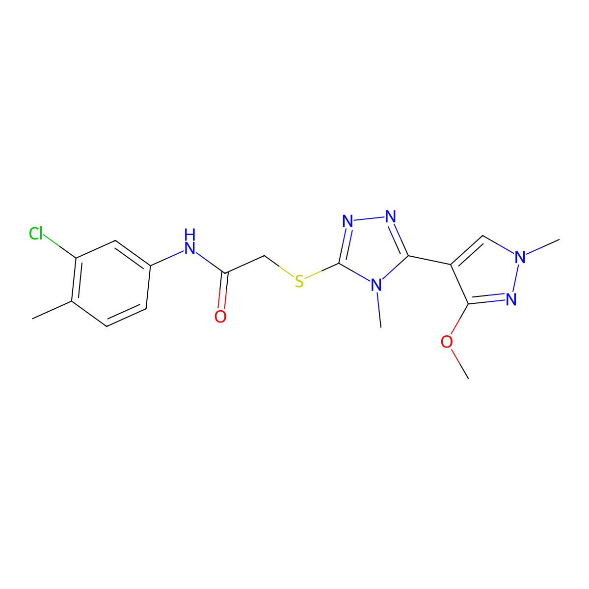 N-(3-chloro-4-methylphenyl)-2-((5-(3-methoxy-1-methyl-1H-pyrazol-4-yl)-4-methyl-4H-1,2,4-triazol-3-yl)thio)acetamide molecular structure, CAS 1014092-53-5
