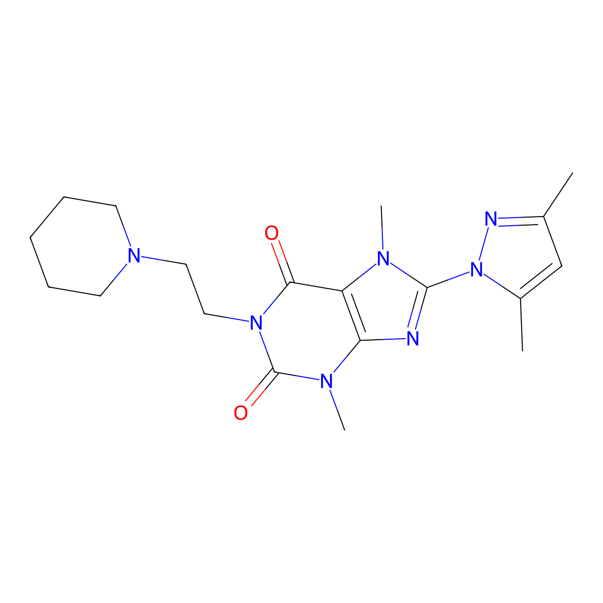 8-(3,5-dimethyl-1H-pyrazol-1-yl)-3,7-dimethyl-1-[2-(piperidin-1-yl)ethyl]-2,3,6,7-tetrahydro-1H-purine-2,6-dione molecular structure, CAS 1014092-67-1