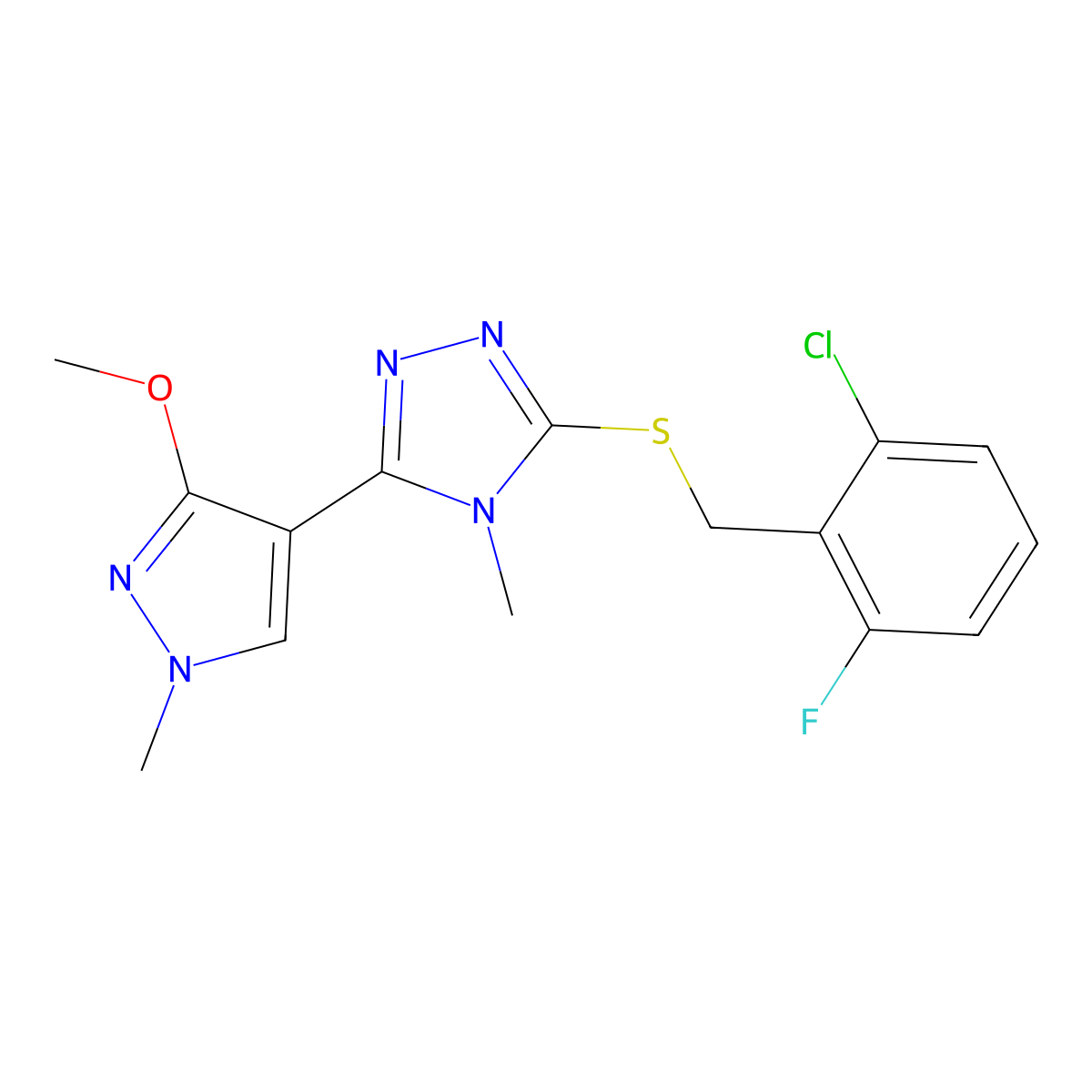 3-((2-chloro-6-fluorobenzyl)thio)-5-(3-methoxy-1-methyl-1H-pyrazol-4-yl)-4-methyl-4H-1,2,4-triazole molecular structure, CAS 1014093-01-6