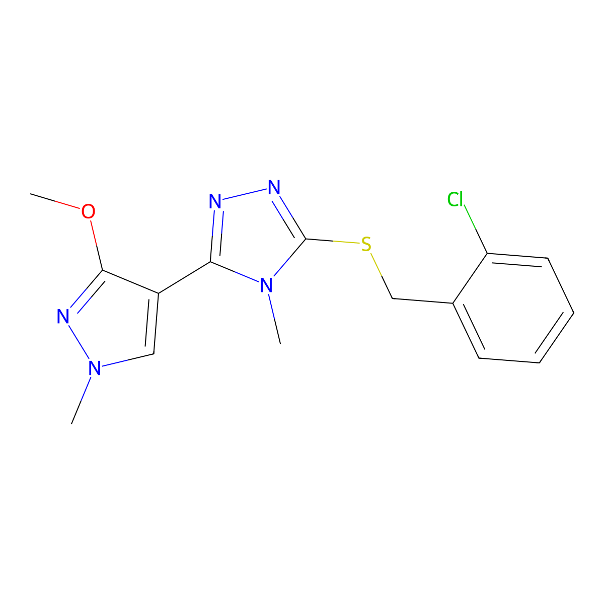 3-((2-chlorobenzyl)thio)-5-(3-methoxy-1-methyl-1H-pyrazol-4-yl)-4-methyl-4H-1,2,4-triazole molecular structure, CAS 1014093-06-1