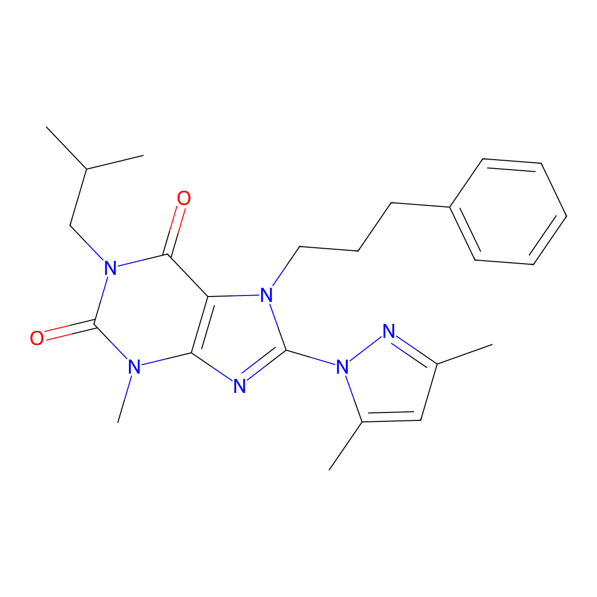 8-(3,5-dimethyl-1H-pyrazol-1-yl)-1-isobutyl-3-methyl-7-(3-phenylpropyl)-1H-purine-2,6(3H,7H)-dione molecular structure, CAS 1014093-07-2
