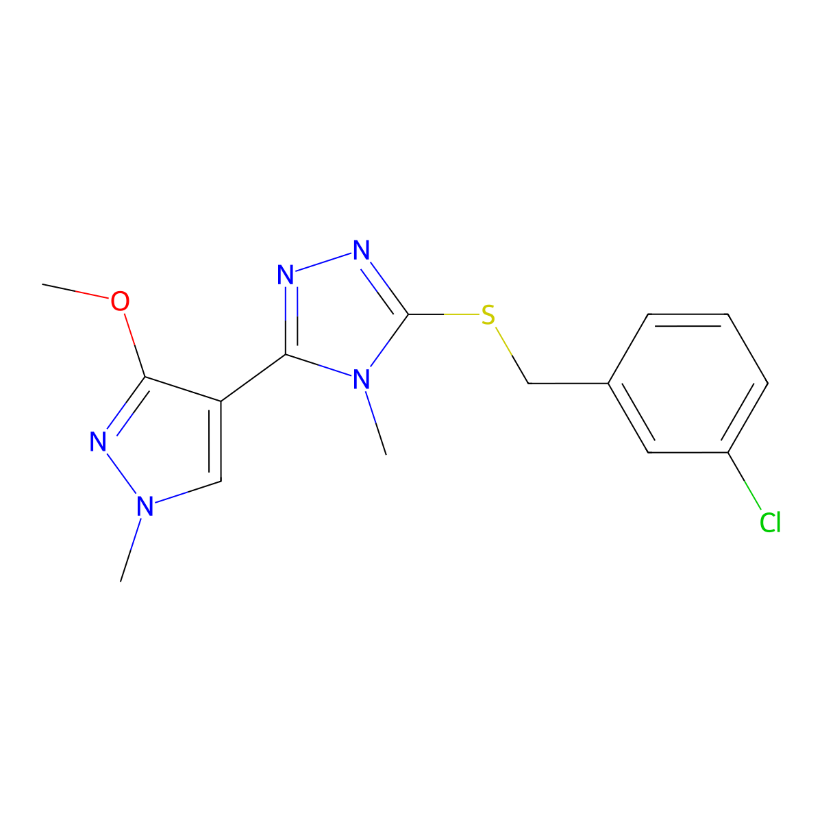 3-((3-chlorobenzyl)thio)-5-(3-methoxy-1-methyl-1H-pyrazol-4-yl)-4-methyl-4H-1,2,4-triazole molecular structure, CAS 1014093-18-5