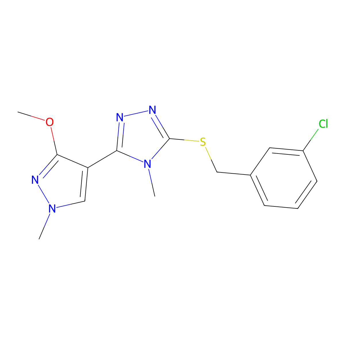 3-((3-chlorobenzyl)thio)-5-(3-methoxy-1-methyl-1H-pyrazol-4-yl)-4-methyl-4H-1,2,4-triazole molecular structure, CAS 1014093-18-5