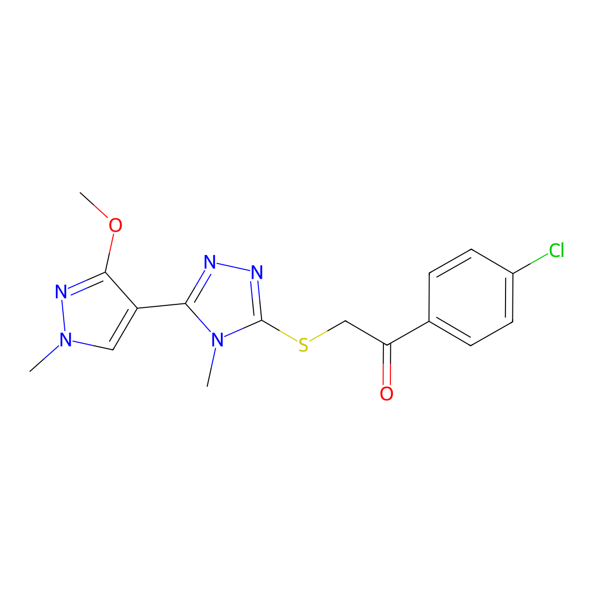 1-(4-chlorophenyl)-2-((5-(3-methoxy-1-methyl-1H-pyrazol-4-yl)-4-methyl-4H-1,2,4-triazol-3-yl)thio)ethanone molecular structure, CAS 1014093-28-7