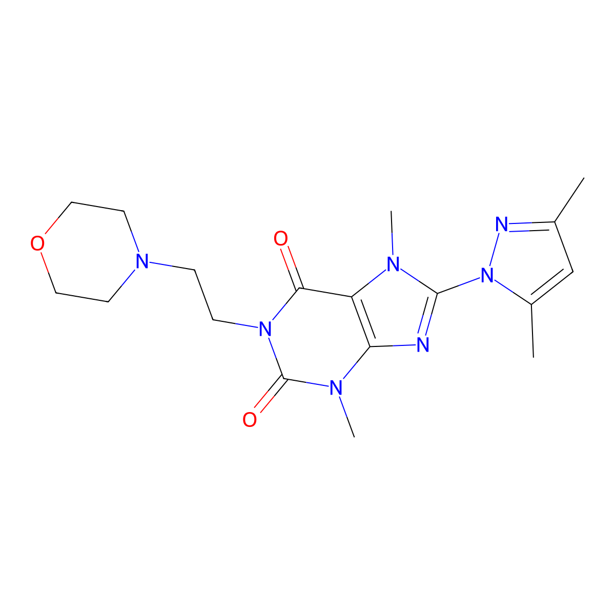 8-(3,5-dimethyl-1H-pyrazol-1-yl)-3,7-dimethyl-1-(2-morpholinoethyl)-1H-purine-2,6(3H,7H)-dione molecular structure, CAS 1014093-29-8