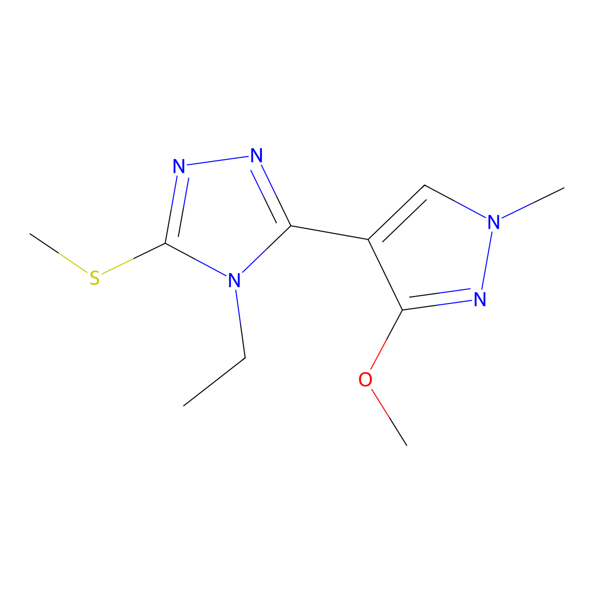 4-ethyl-3-(3-methoxy-1-methyl-1H-pyrazol-4-yl)-5-(methylthio)-4H-1,2,4-triazole molecular structure, CAS 1014093-33-4
