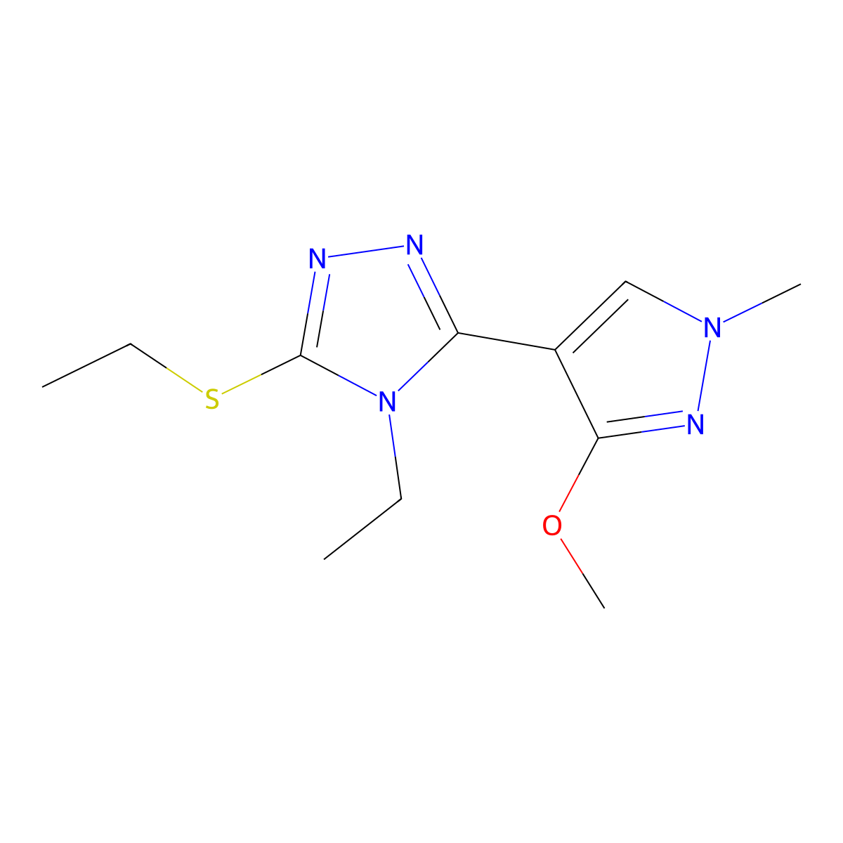 4-ethyl-3-(ethylsulfanyl)-5-(3-methoxy-1-methyl-1H-pyrazol-4-yl)-4H-1,2,4-triazole molecular structure, CAS 1014093-37-8