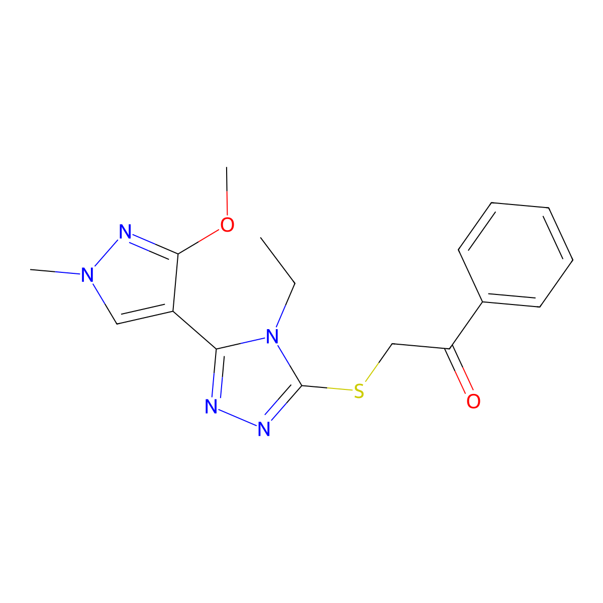 2-((4-ethyl-5-(3-methoxy-1-methyl-1H-pyrazol-4-yl)-4H-1,2,4-triazol-3-yl)thio)-1-phenylethanone molecular structure, CAS 1014094-17-7