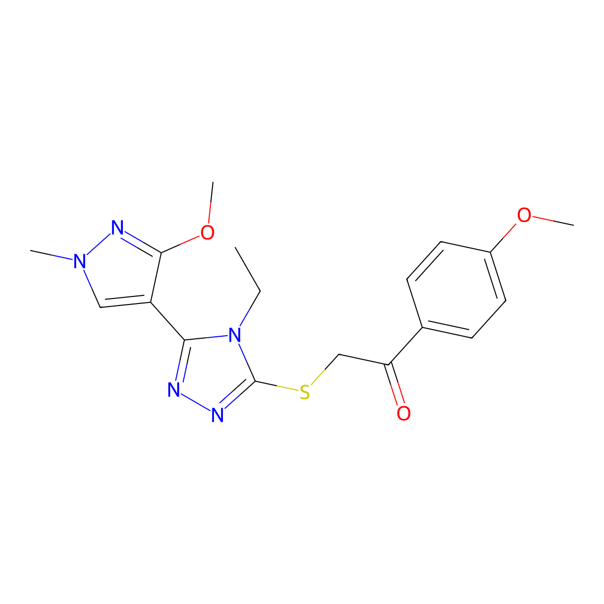 2-((4-ethyl-5-(3-methoxy-1-methyl-1H-pyrazol-4-yl)-4H-1,2,4-triazol-3-yl)thio)-1-(4-methoxyphenyl)ethanone molecular structure, CAS 1014094-24-6