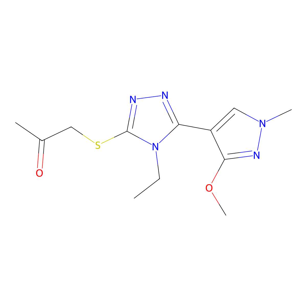 1-((4-ethyl-5-(3-methoxy-1-methyl-1H-pyrazol-4-yl)-4H-1,2,4-triazol-3-yl)thio)propan-2-one molecular structure, CAS 1014094-26-8