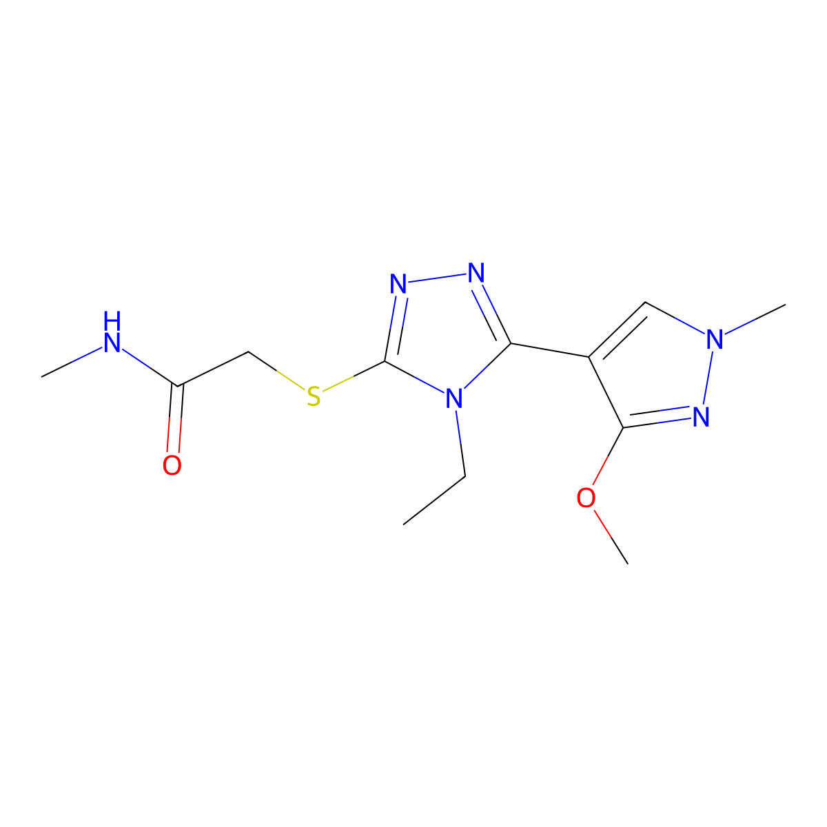 2-((4-ethyl-5-(3-methoxy-1-methyl-1H-pyrazol-4-yl)-4H-1,2,4-triazol-3-yl)thio)-N-methylacetamide molecular structure, CAS 1014094-38-2