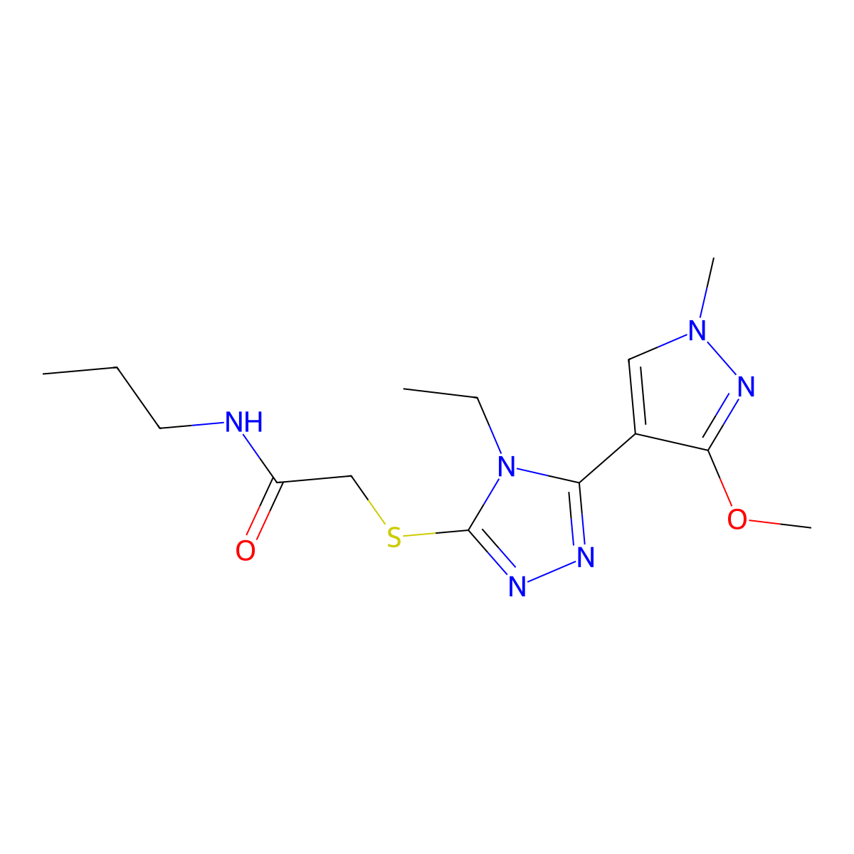 2-((4-ethyl-5-(3-methoxy-1-methyl-1H-pyrazol-4-yl)-4H-1,2,4-triazol-3-yl)thio)-N-propylacetamide molecular structure, CAS 1014094-44-0