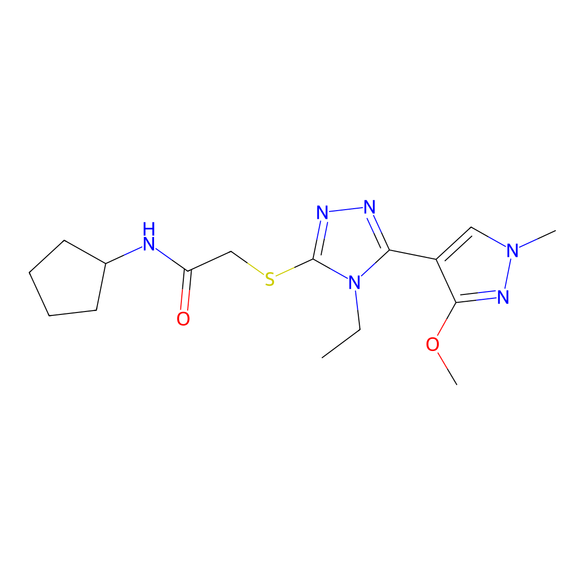N-cyclopentyl-2-((4-ethyl-5-(3-methoxy-1-methyl-1H-pyrazol-4-yl)-4H-1,2,4-triazol-3-yl)thio)acetamide molecular structure, CAS 1014094-46-2