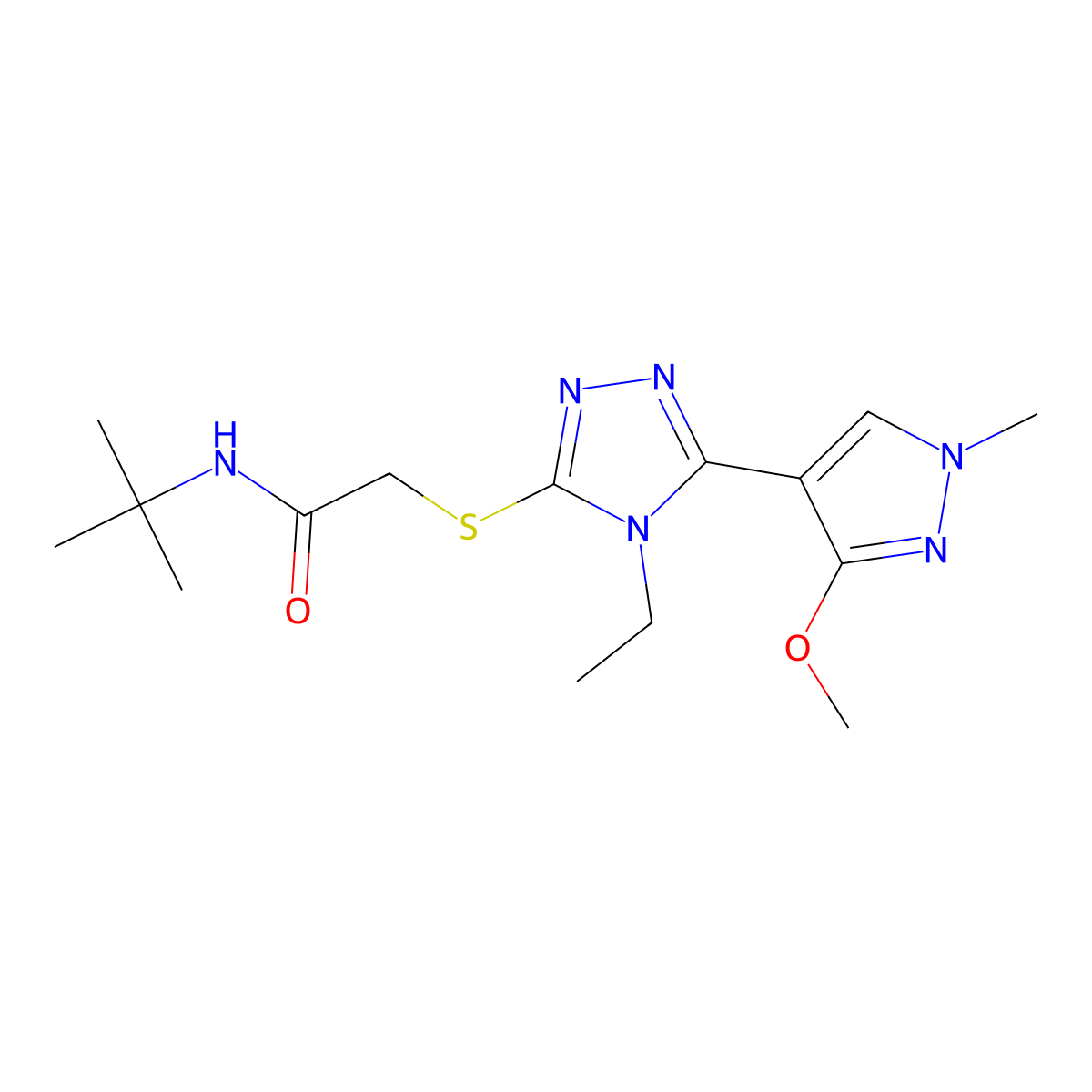 N-(tert-butyl)-2-((4-ethyl-5-(3-methoxy-1-methyl-1H-pyrazol-4-yl)-4H-1,2,4-triazol-3-yl)thio)acetamide molecular structure, CAS 1014094-52-0