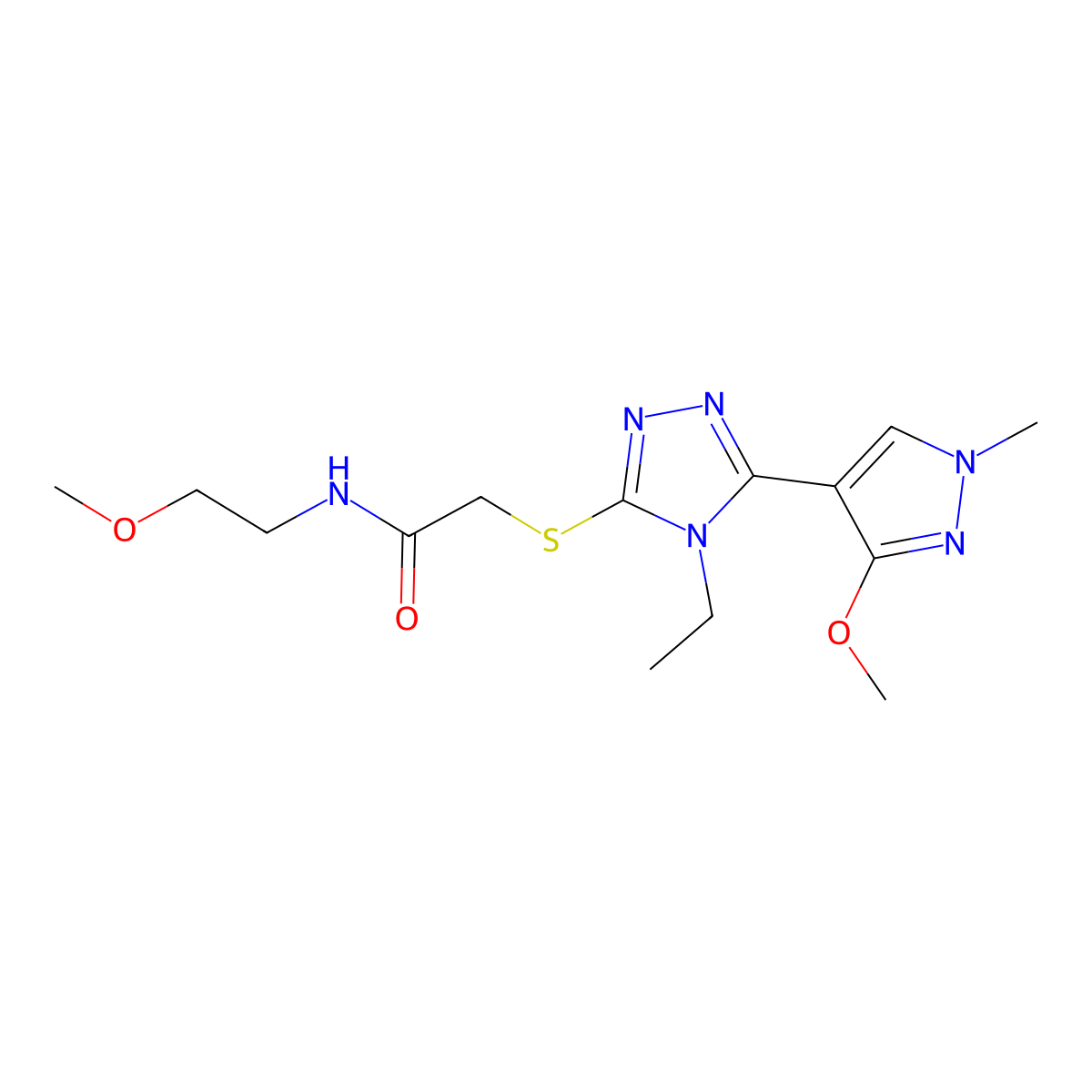 2-((4-ethyl-5-(3-methoxy-1-methyl-1H-pyrazol-4-yl)-4H-1,2,4-triazol-3-yl)thio)-N-(2-methoxyethyl)acetamide molecular structure, CAS 1014094-56-4
