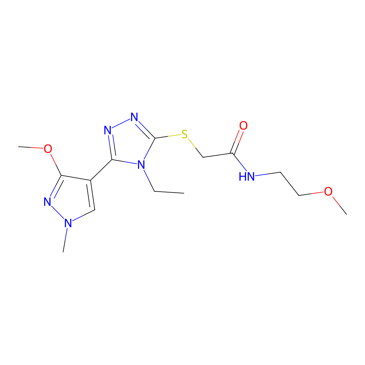2-((4-ethyl-5-(3-methoxy-1-methyl-1H-pyrazol-4-yl)-4H-1,2,4-triazol-3-yl)thio)-N-(2-methoxyethyl)acetamide molecular structure, CAS 1014094-56-4