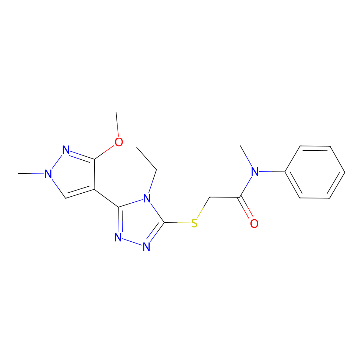 2-((4-ethyl-5-(3-methoxy-1-methyl-1H-pyrazol-4-yl)-4H-1,2,4-triazol-3-yl)thio)-N-methyl-N-phenylacetamide molecular structure, CAS 1014094-59-7