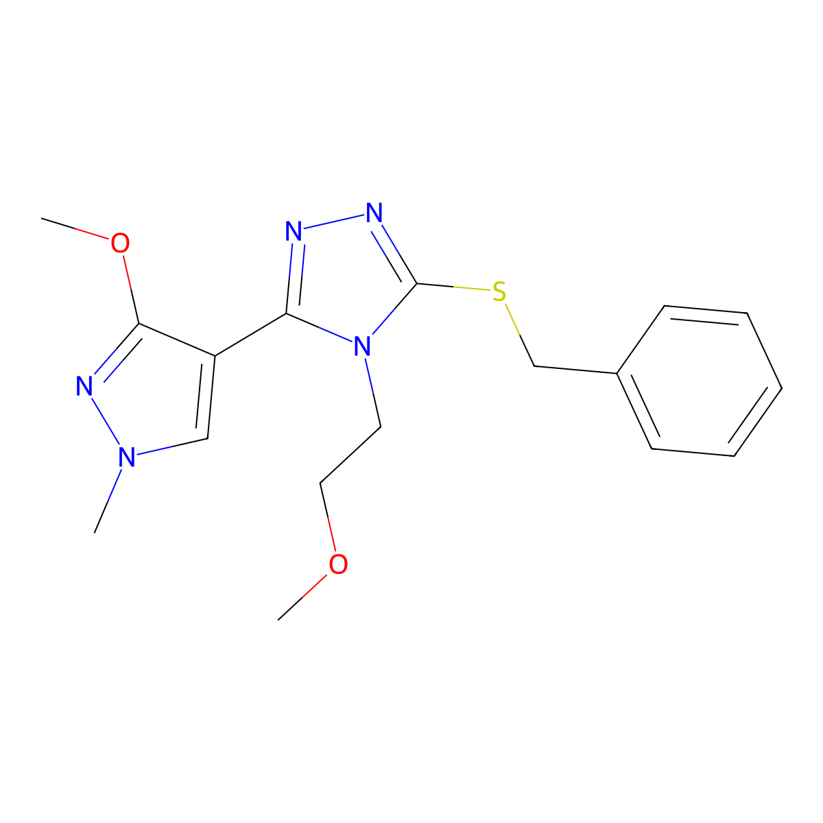 3-(benzylthio)-5-(3-methoxy-1-methyl-1H-pyrazol-4-yl)-4-(2-methoxyethyl)-4H-1,2,4-triazole molecular structure, CAS 1014094-60-0
