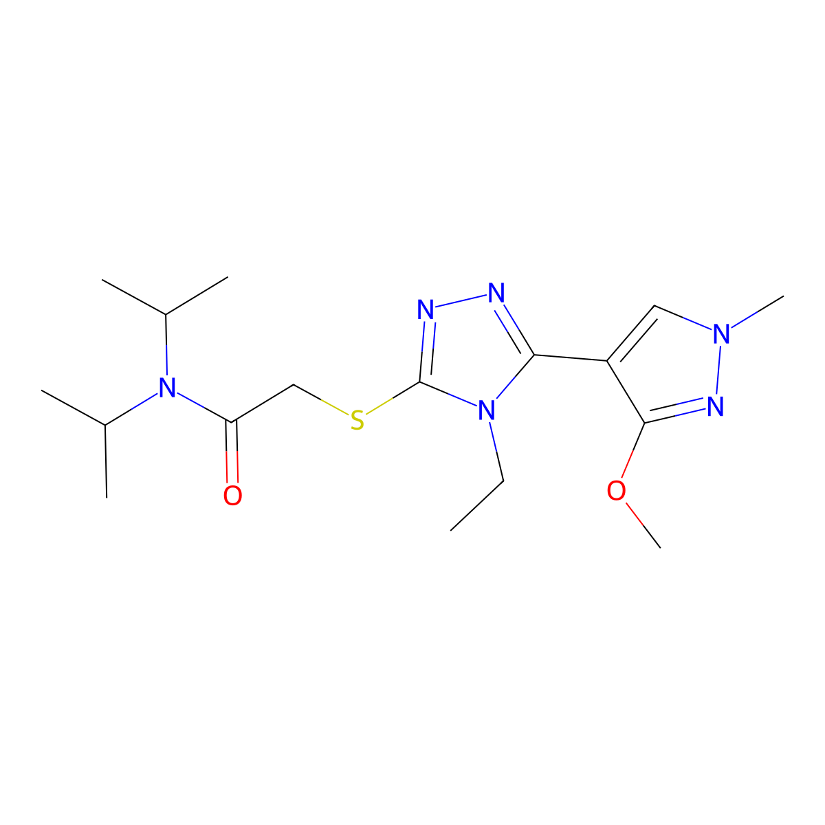 2-((4-ethyl-5-(3-methoxy-1-methyl-1H-pyrazol-4-yl)-4H-1,2,4-triazol-3-yl)thio)-N,N-diisopropylacetamide molecular structure, CAS 1014094-68-8
