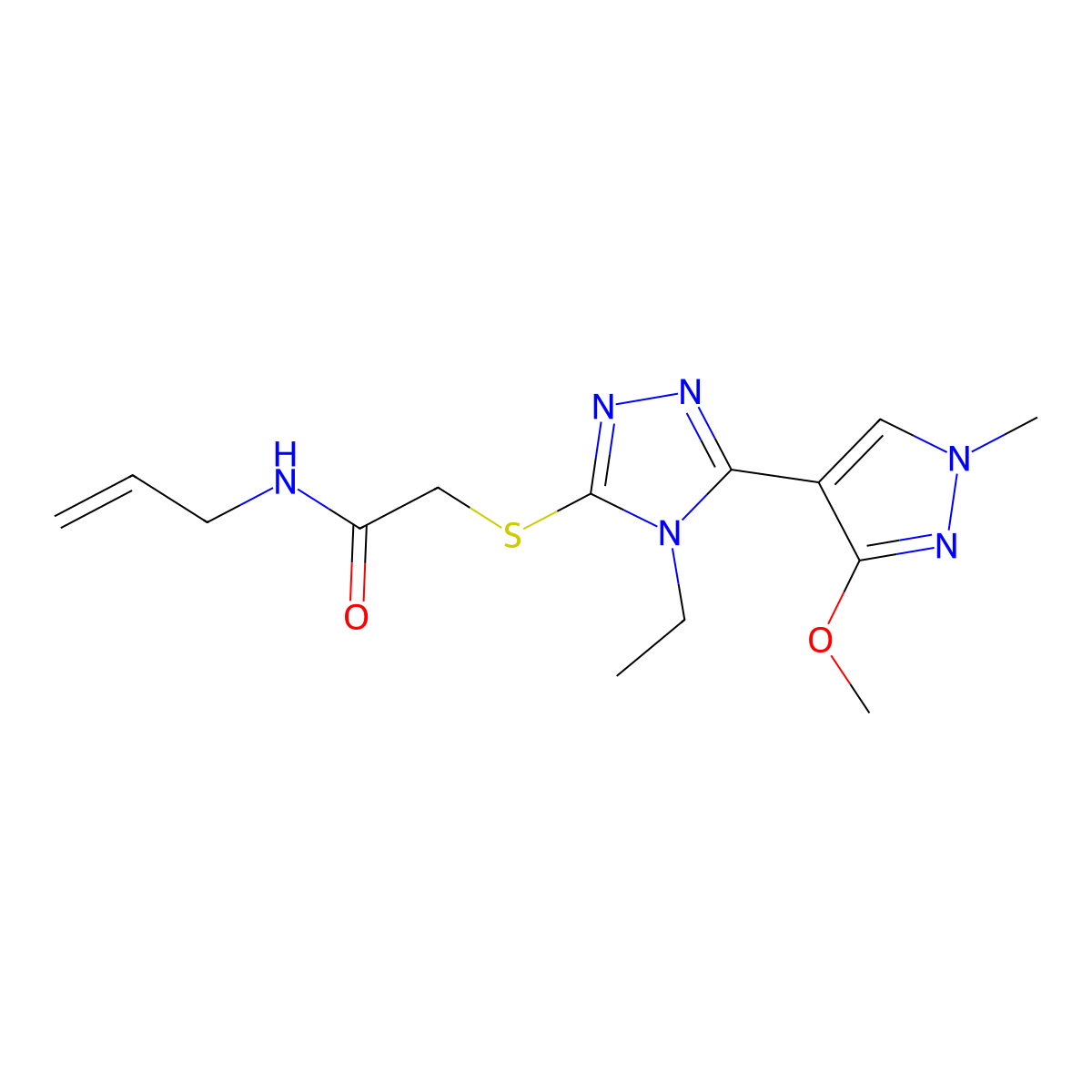 N-allyl-2-((4-ethyl-5-(3-methoxy-1-methyl-1H-pyrazol-4-yl)-4H-1,2,4-triazol-3-yl)thio)acetamide molecular structure, CAS 1014094-70-2