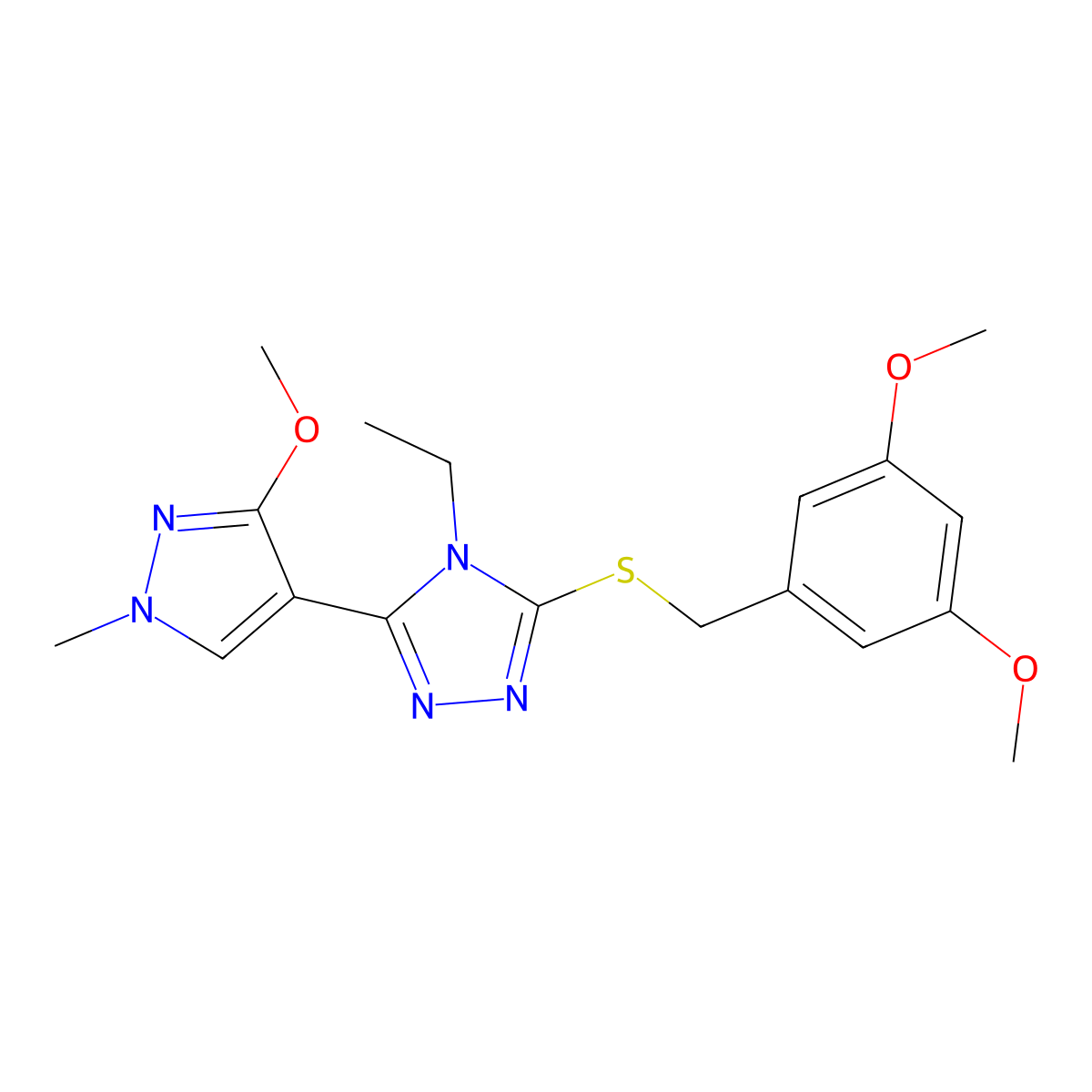 3-((3,5-dimethoxybenzyl)thio)-4-ethyl-5-(3-methoxy-1-methyl-1H-pyrazol-4-yl)-4H-1,2,4-triazole molecular structure, CAS 1014094-74-6