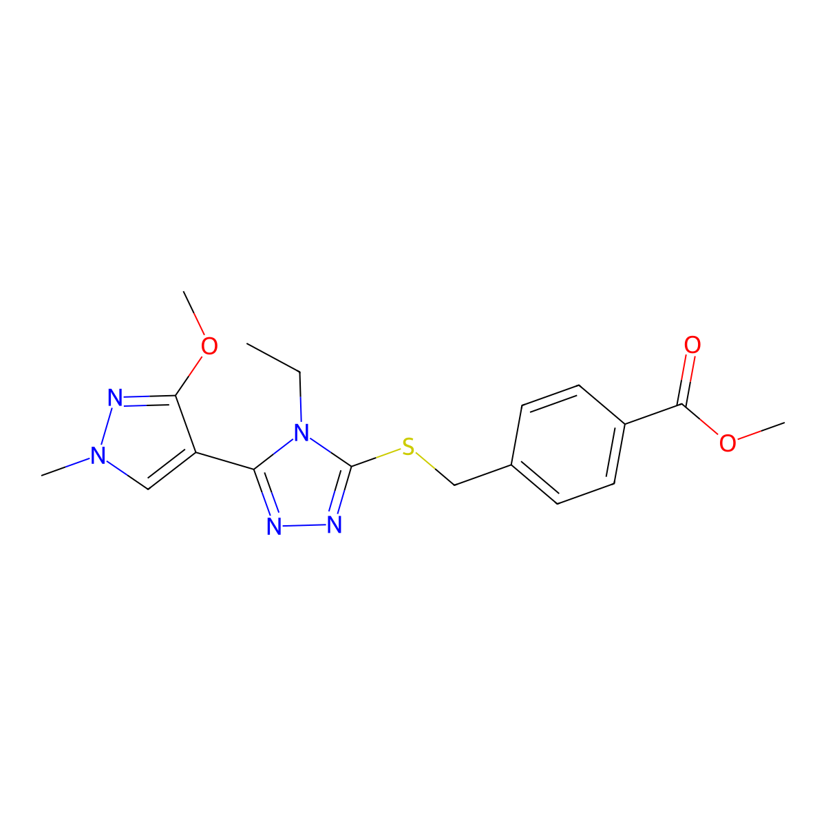 methyl 4-(((4-ethyl-5-(3-methoxy-1-methyl-1H-pyrazol-4-yl)-4H-1,2,4-triazol-3-yl)thio)methyl)benzoate molecular structure, CAS 1014094-77-9