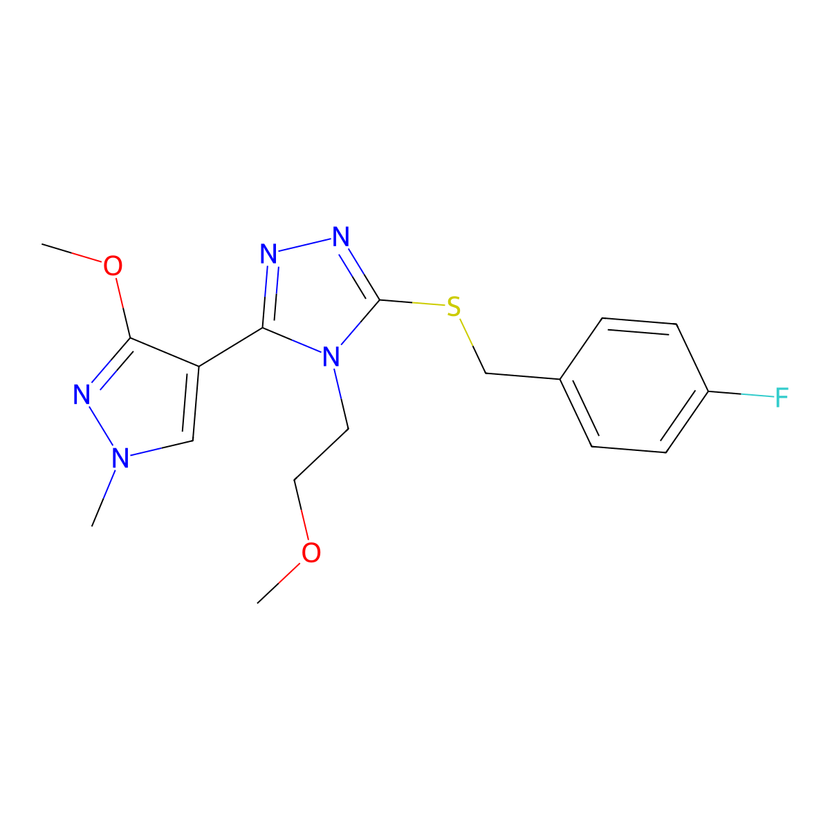 3-((4-fluorobenzyl)thio)-5-(3-methoxy-1-methyl-1H-pyrazol-4-yl)-4-(2-methoxyethyl)-4H-1,2,4-triazole molecular structure, CAS 1014094-78-0