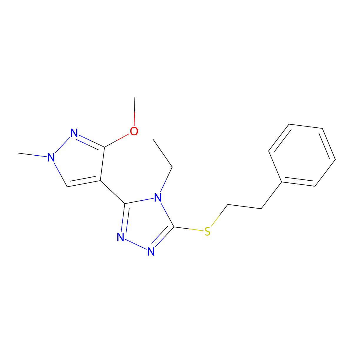4-ethyl-3-(3-methoxy-1-methyl-1H-pyrazol-4-yl)-5-(phenethylthio)-4H-1,2,4-triazole molecular structure, CAS 1014094-79-1