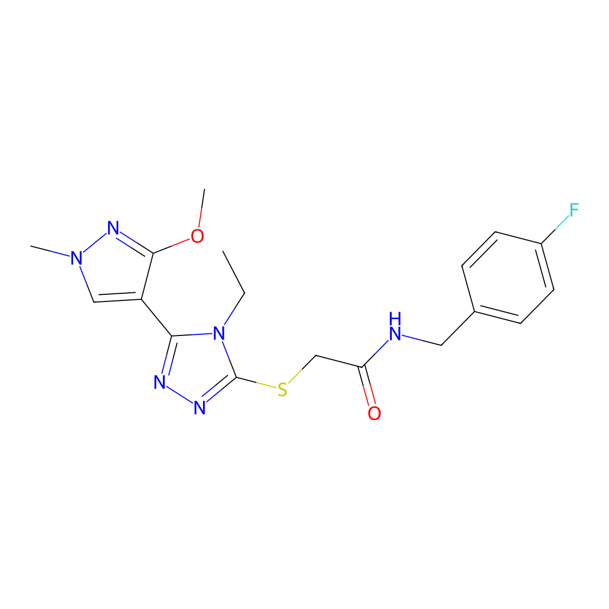 2-{[4-ethyl-5-(3-methoxy-1-methyl-1H-pyrazol-4-yl)-4H-1,2,4-triazol-3-yl]sulfanyl}-N-[(4-fluorophenyl)methyl]acetamide molecular structure, CAS 1014094-81-5
