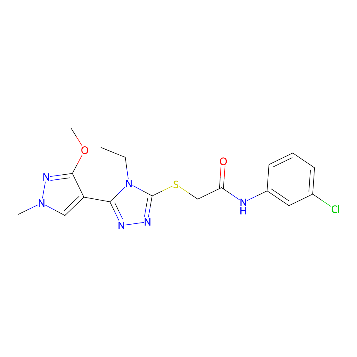N-(3-chlorophenyl)-2-((4-ethyl-5-(3-methoxy-1-methyl-1H-pyrazol-4-yl)-4H-1,2,4-triazol-3-yl)thio)acetamide molecular structure, CAS 1014094-85-9
