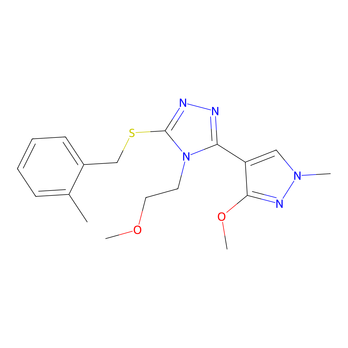 3-(3-methoxy-1-methyl-1H-pyrazol-4-yl)-4-(2-methoxyethyl)-5-{[(2-methylphenyl)methyl]sulfanyl}-4H-1,2,4-triazole molecular structure, CAS 1014094-86-0