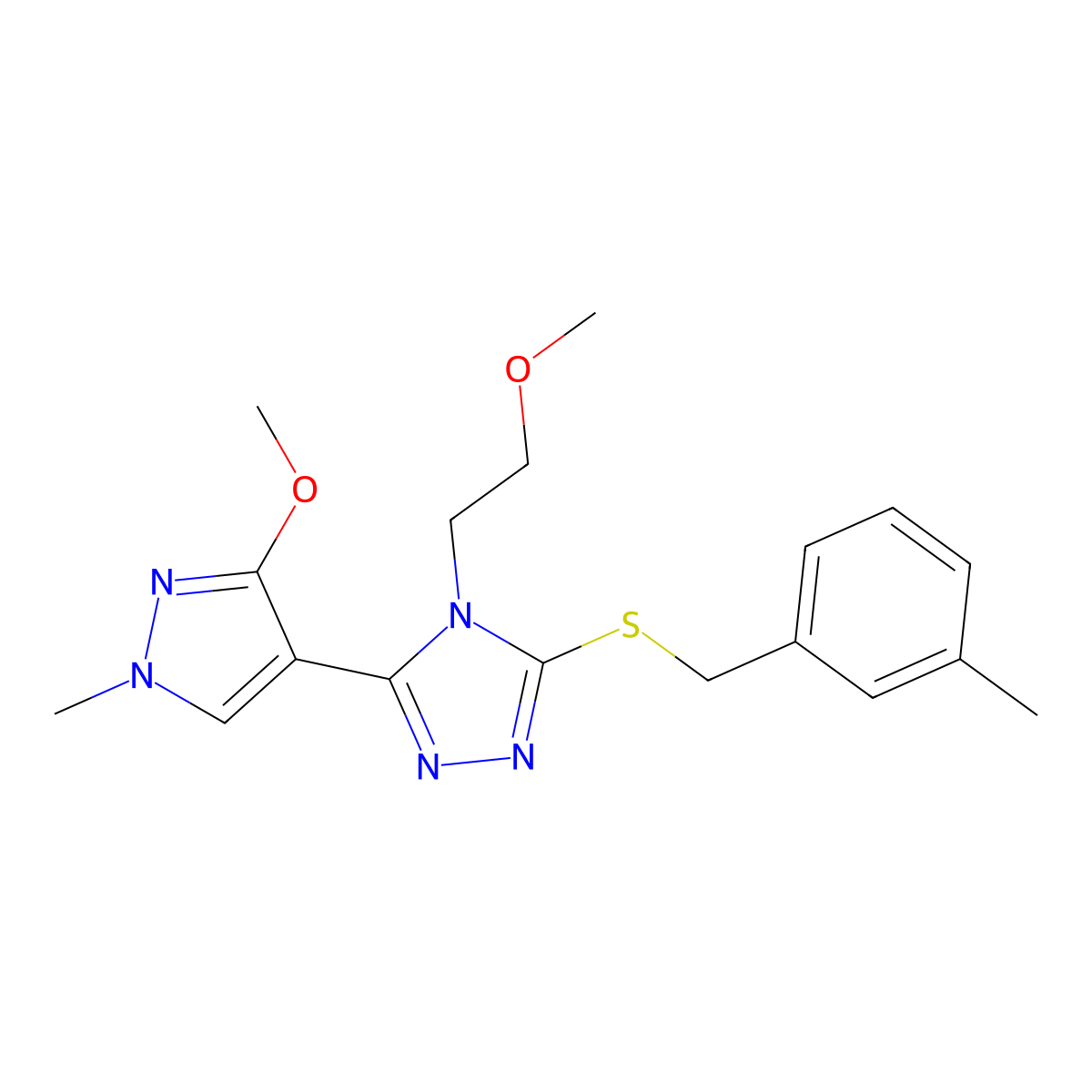 3-(3-methoxy-1-methyl-1H-pyrazol-4-yl)-4-(2-methoxyethyl)-5-((3-methylbenzyl)thio)-4H-1,2,4-triazole molecular structure, CAS 1014094-95-1