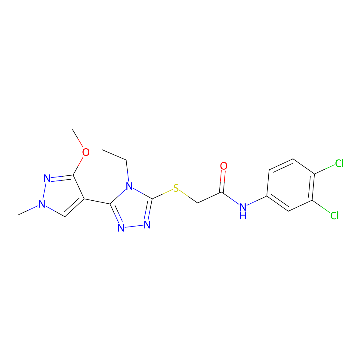 N-(3,4-dichlorophenyl)-2-((4-ethyl-5-(3-methoxy-1-methyl-1H-pyrazol-4-yl)-4H-1,2,4-triazol-3-yl)thio)acetamide molecular structure, CAS 1014094-97-3