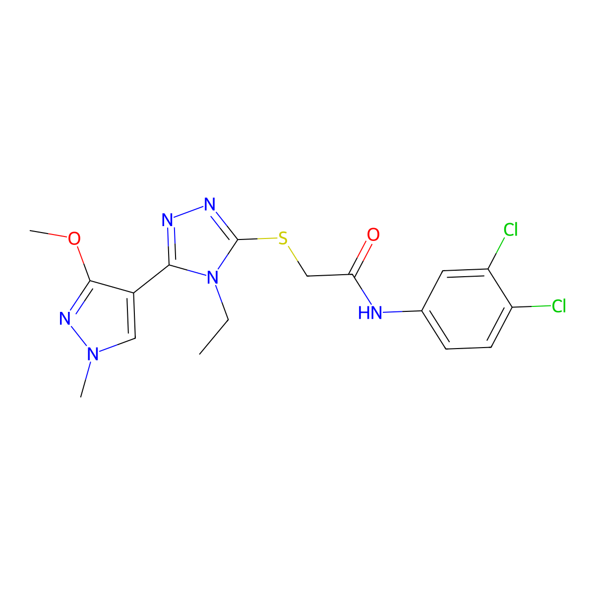 N-(3,4-dichlorophenyl)-2-((4-ethyl-5-(3-methoxy-1-methyl-1H-pyrazol-4-yl)-4H-1,2,4-triazol-3-yl)thio)acetamide molecular structure, CAS 1014094-97-3