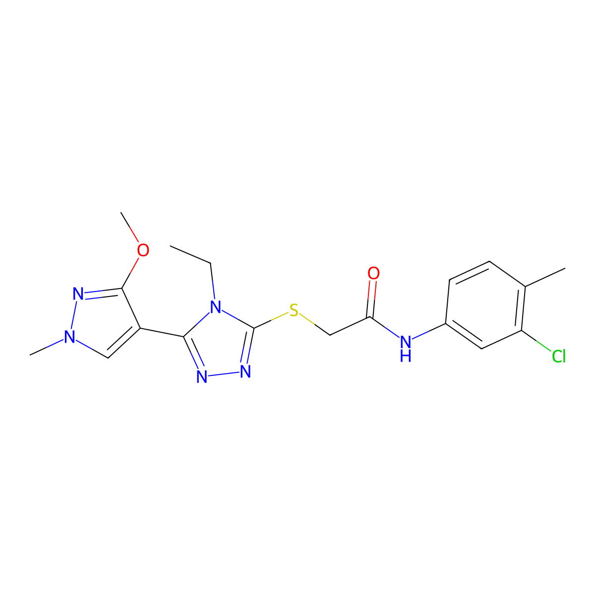 N-(3-chloro-4-methylphenyl)-2-((4-ethyl-5-(3-methoxy-1-methyl-1H-pyrazol-4-yl)-4H-1,2,4-triazol-3-yl)thio)acetamide molecular structure, CAS 1014095-00-1