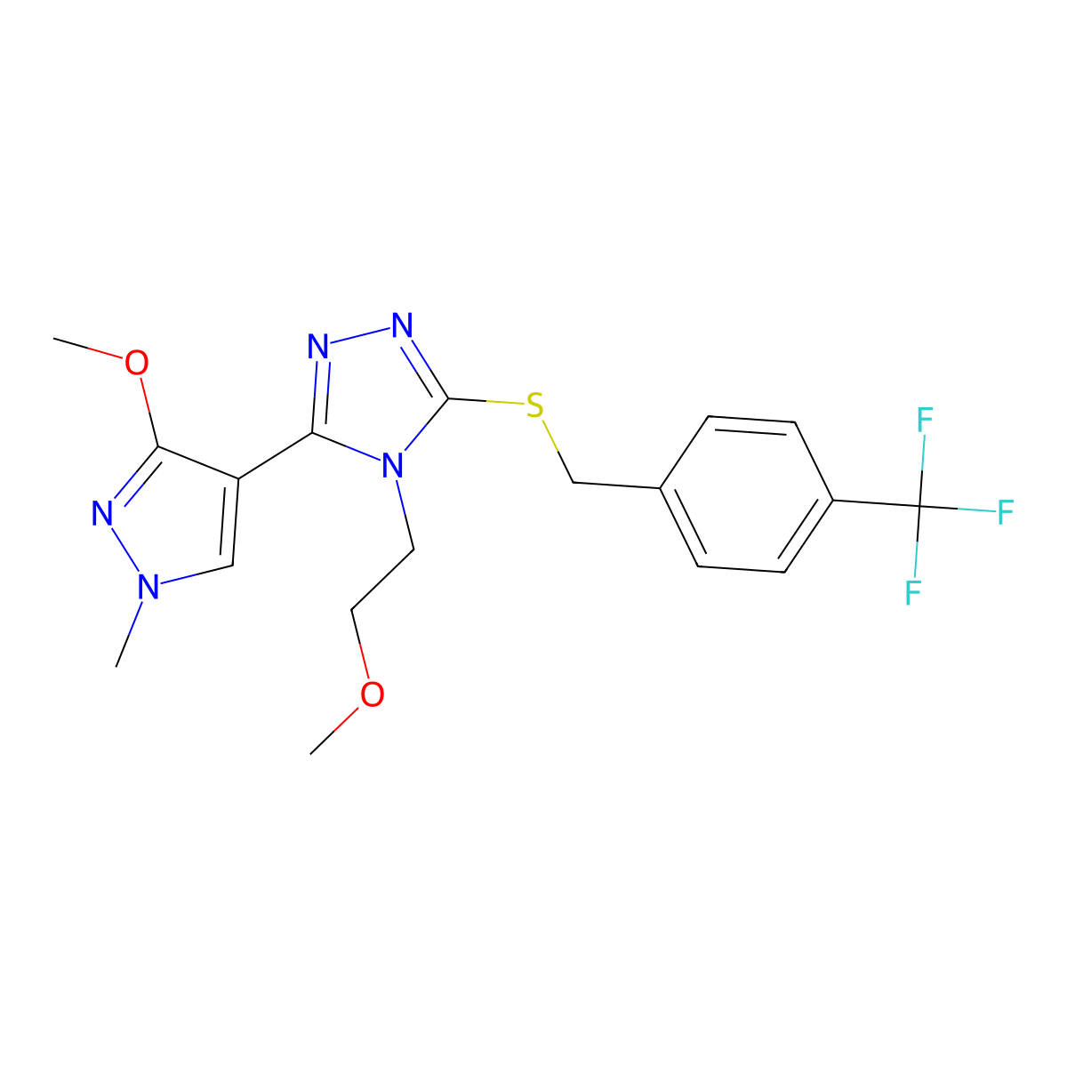 3-(3-methoxy-1-methyl-1H-pyrazol-4-yl)-4-(2-methoxyethyl)-5-((4-(trifluoromethyl)benzyl)thio)-4H-1,2,4-triazole molecular structure, CAS 1014095-14-7