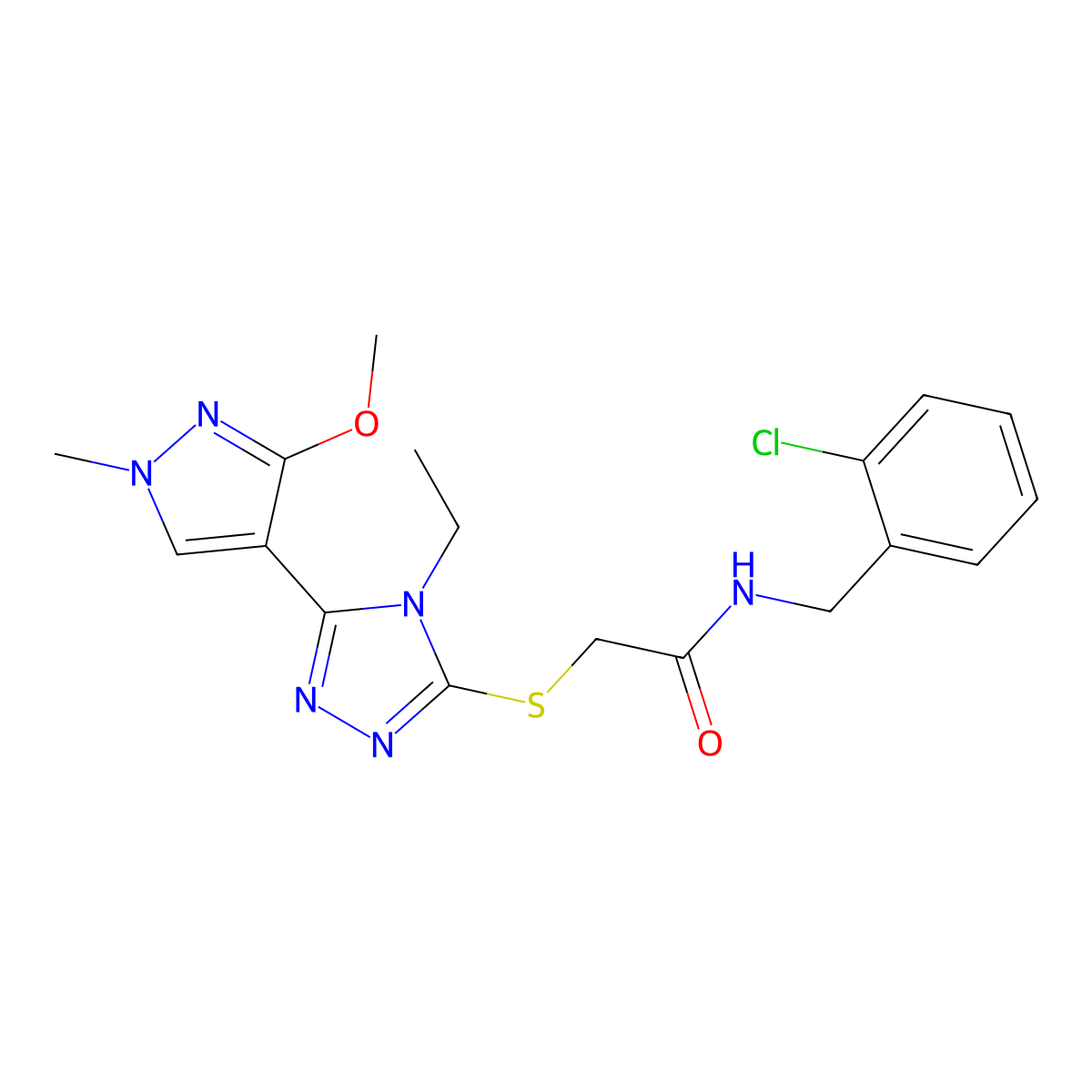 N-[(2-chlorophenyl)methyl]-2-{[4-ethyl-5-(3-methoxy-1-methyl-1H-pyrazol-4-yl)-4H-1,2,4-triazol-3-yl]sulfanyl}acetamide molecular structure, CAS 1014095-15-8