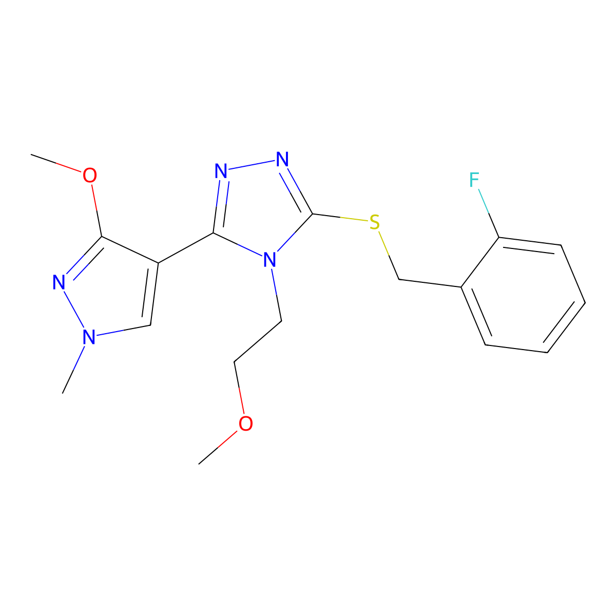 3-((2-fluorobenzyl)thio)-5-(3-methoxy-1-methyl-1H-pyrazol-4-yl)-4-(2-methoxyethyl)-4H-1,2,4-triazole molecular structure, CAS 1014095-26-1
