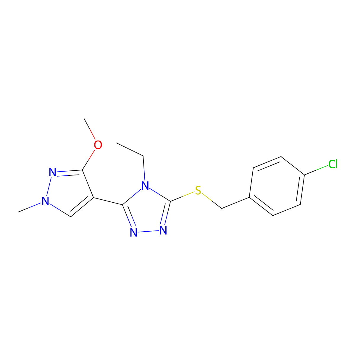 3-((4-chlorobenzyl)thio)-4-ethyl-5-(3-methoxy-1-methyl-1H-pyrazol-4-yl)-4H-1,2,4-triazole molecular structure, CAS 1014095-27-2