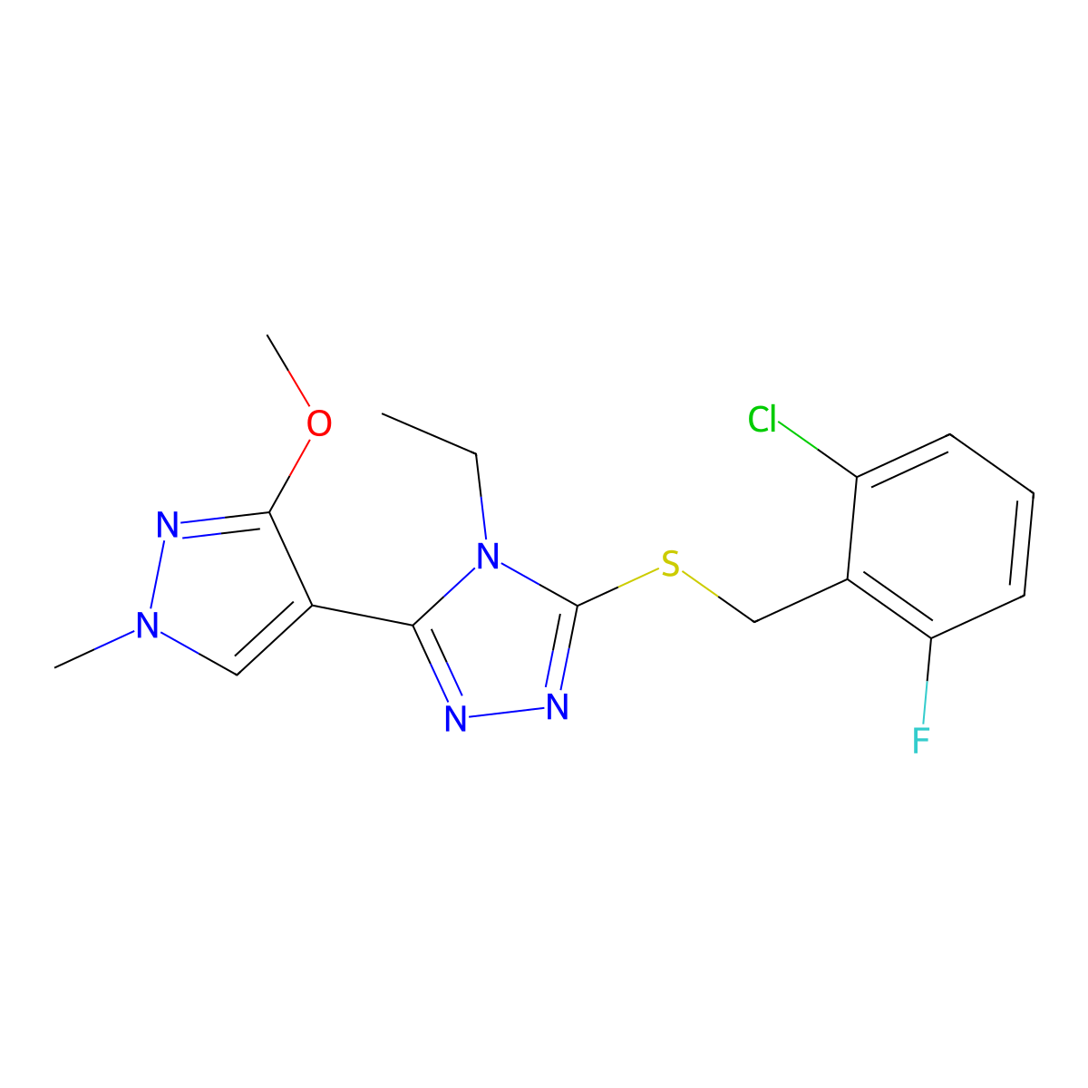 3-((2-chloro-6-fluorobenzyl)thio)-4-ethyl-5-(3-methoxy-1-methyl-1H-pyrazol-4-yl)-4H-1,2,4-triazole molecular structure, CAS 1014095-29-4