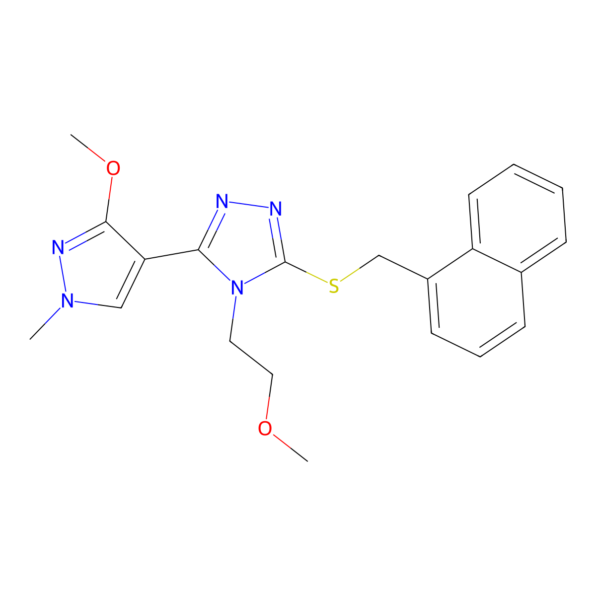 3-(3-methoxy-1-methyl-1H-pyrazol-4-yl)-4-(2-methoxyethyl)-5-((naphthalen-1-ylmethyl)thio)-4H-1,2,4-triazole molecular structure, CAS 1014095-31-8